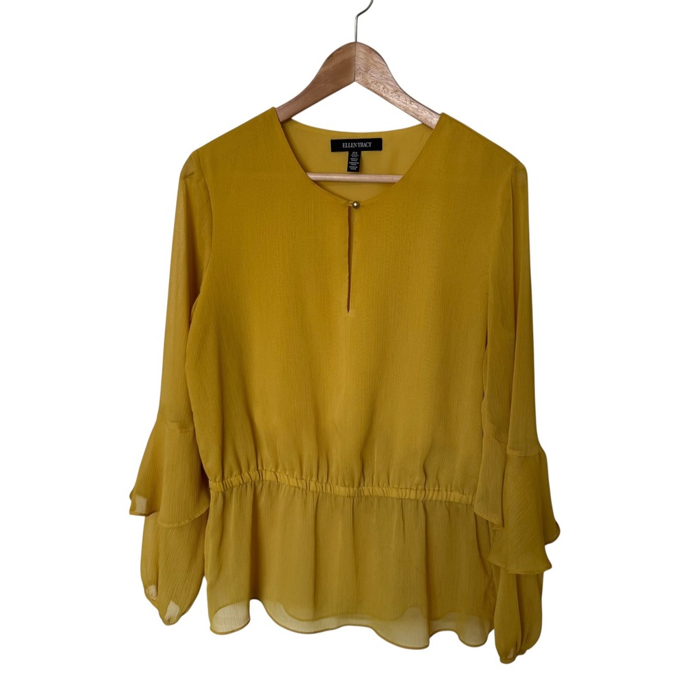 Ellen Tracy Blouse Womens Medium Mustard Yellow Excellent Ruffle Peplum Chiffon